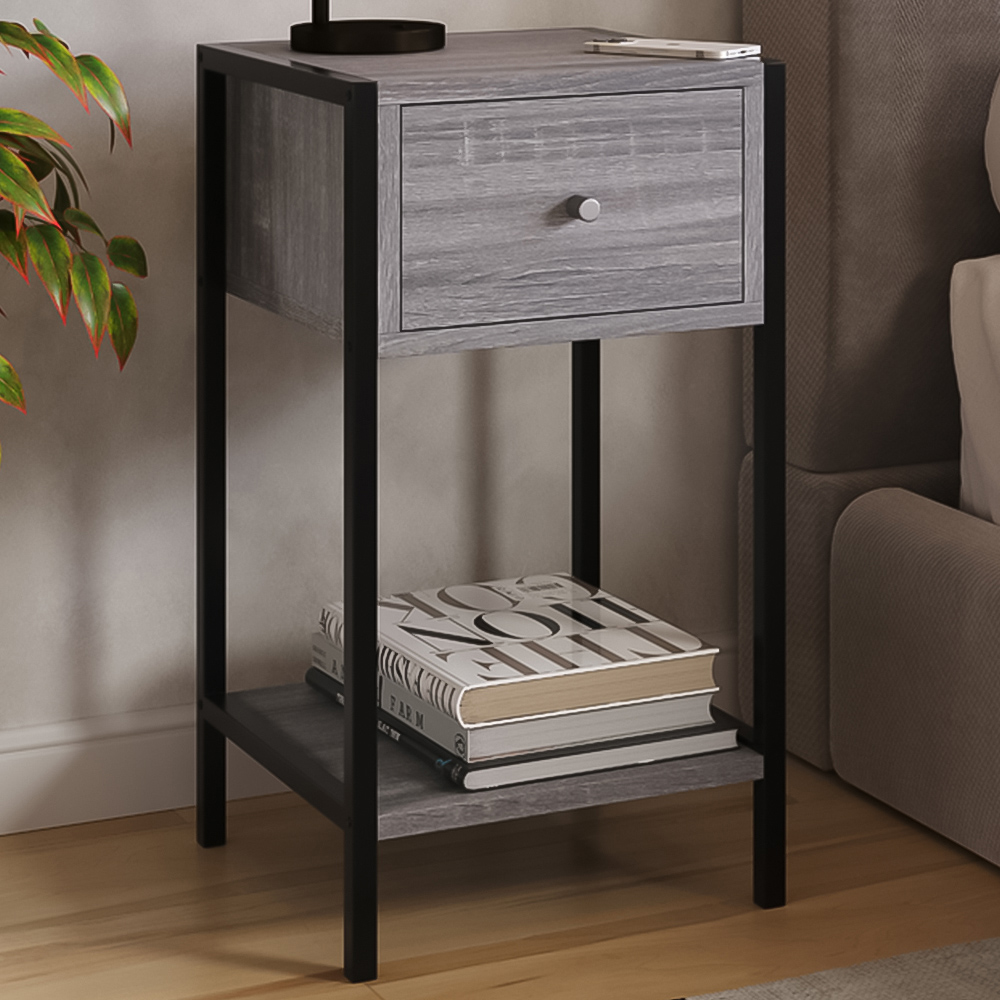Core Products Kelly Single Drawer Single Shelf Grey Oak Effect Compact Bedside Cabinet Image 1