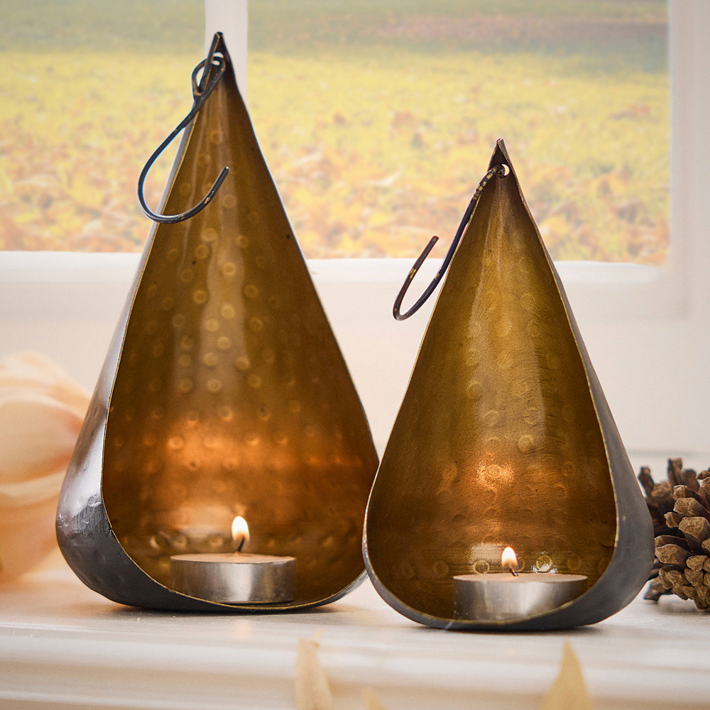 Dibor 2 Piece Brass Teardrop-Shape Elegance Tealight Candle Holder Set Image 2