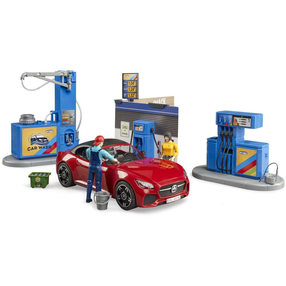 Bruder Bworld Petrol and Car Wash Station with Red Roadster and 2 Figures Image 3