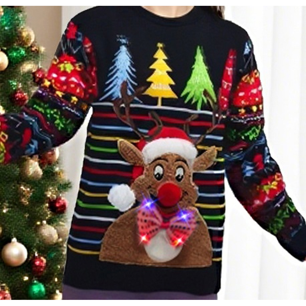 Noel Square Unisex Reindeer Stripes Crew Neck Light Up Christmas Jumper Small Multicolour Image 4