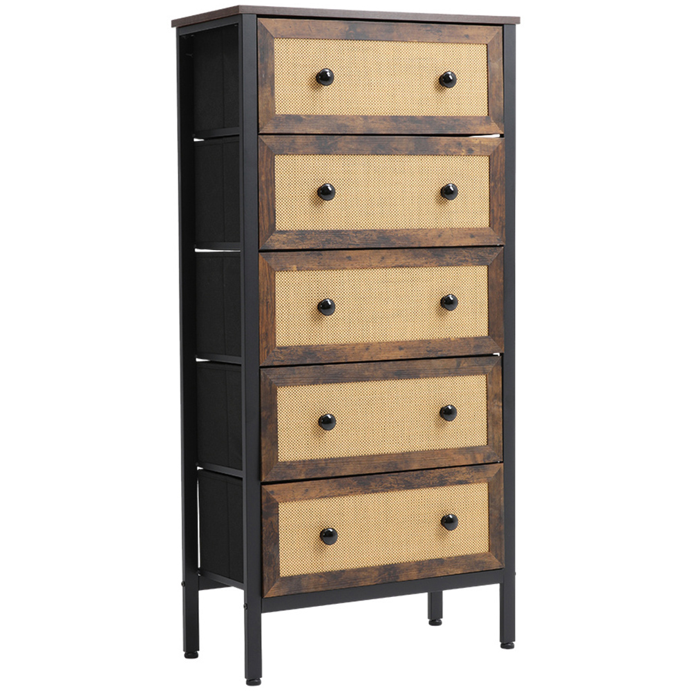 H&O Direct 5 Drawer Rattan Detailing Rustic Cabinet Image 2