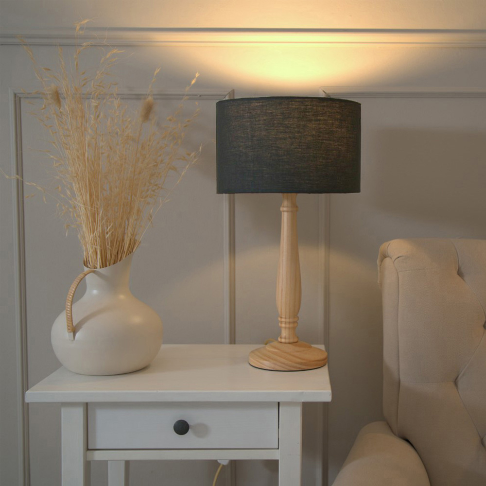 ValueLights Victoria Charcoal Fabric Drum Shade Light Wood Traditional Stem LED Table Lamp Image 2