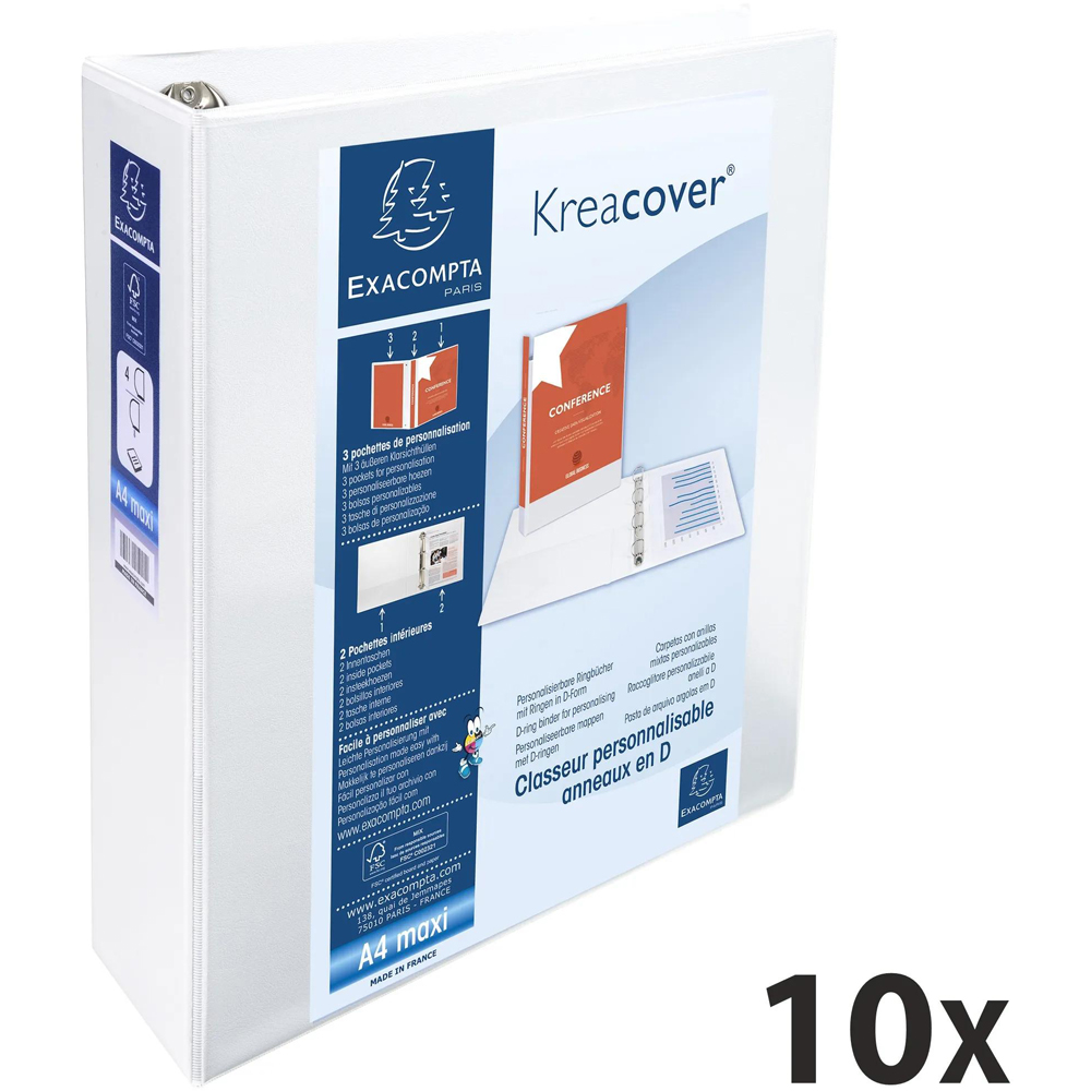 Exacompta Kreacover White Polypropylene Personal 4D Ring Binder with 3 Pockets 60mm 10 Pack Image 7