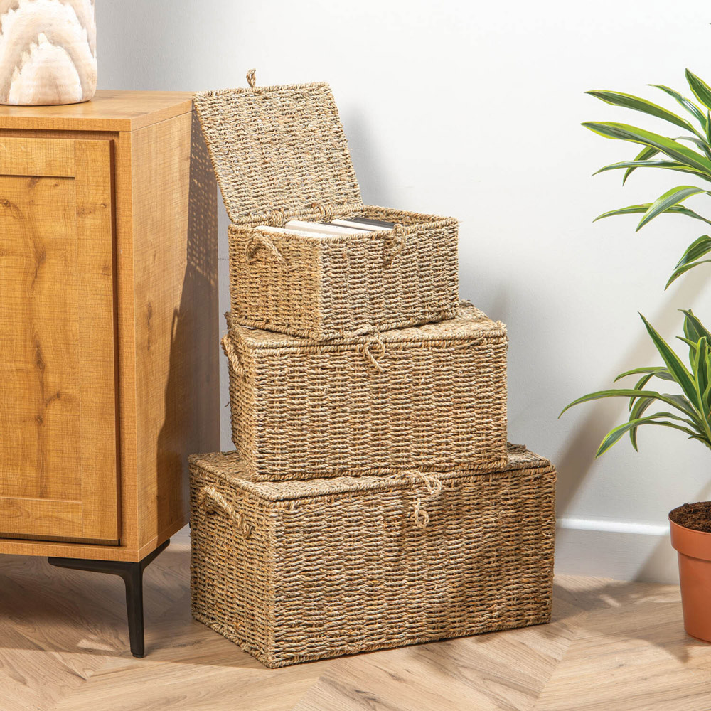 Set of 3 Seagrass Woven Storage Trunks Natural Image 2