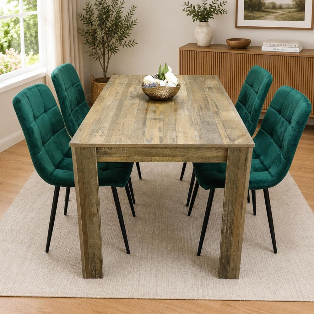 Portland 4 Seater Dining Set Rustic Effect and Green Velvet Image 1