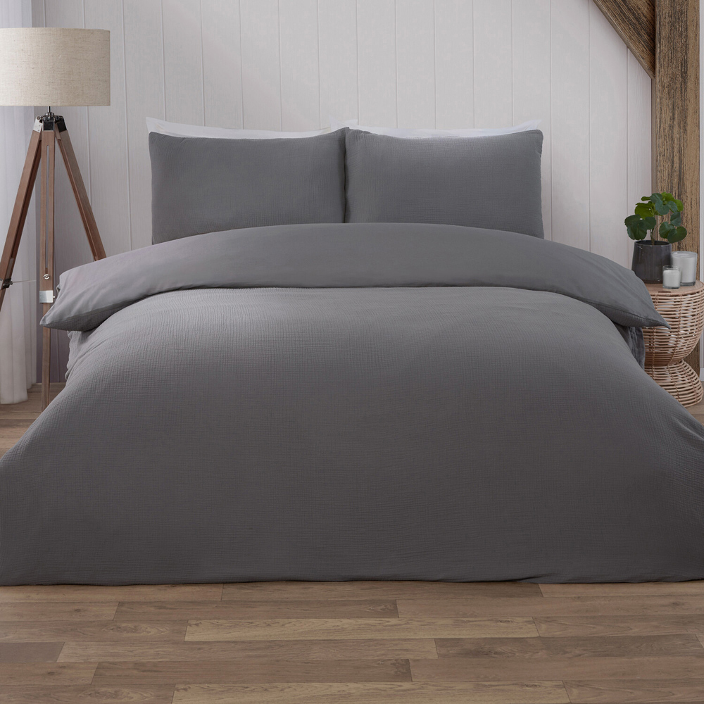 Muslin Duvet Set Grey Superking Image 1