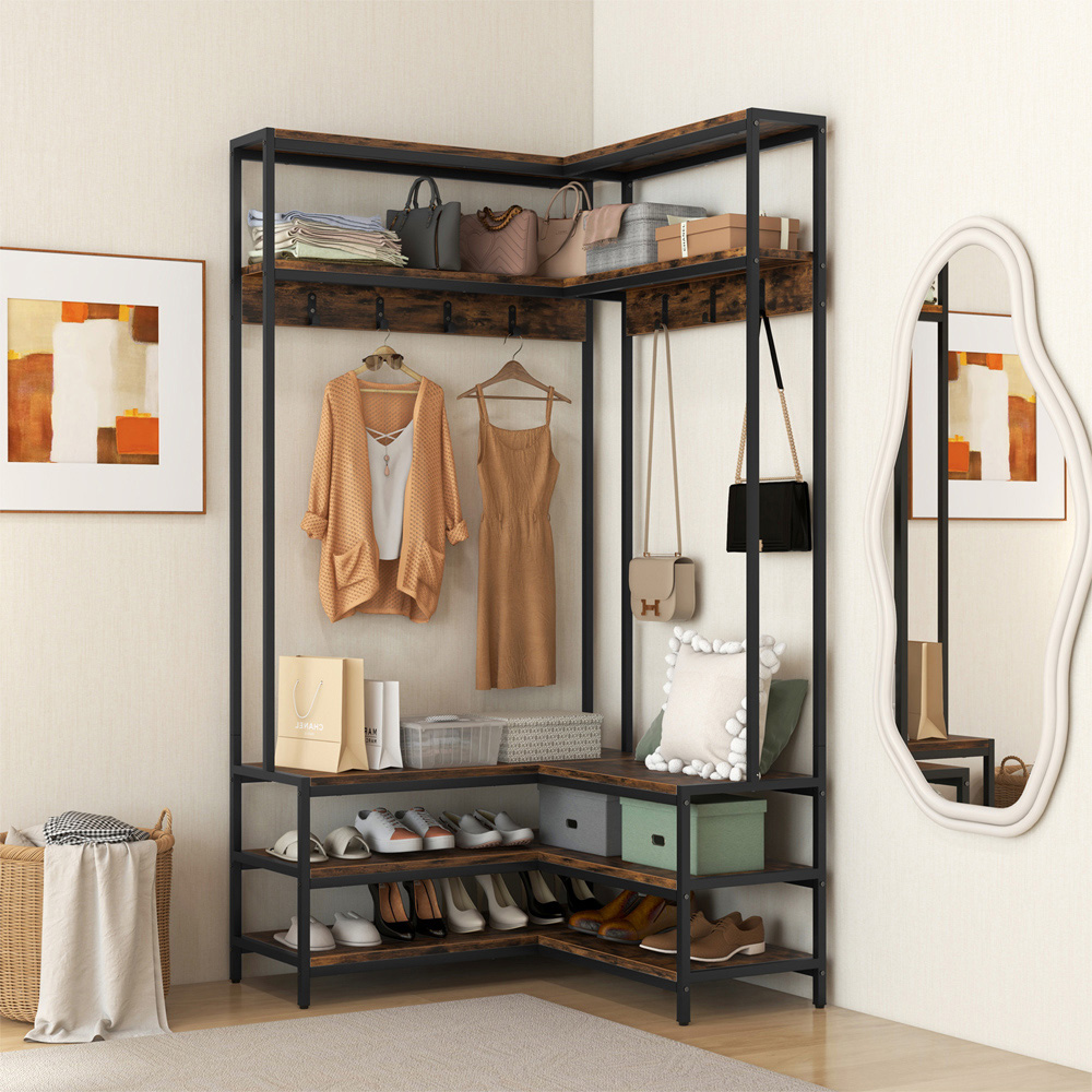 Costway 4 Shelf Rustic Brown L-shaped Clothes Corner Garment Rack with 7 Hooks Image 2