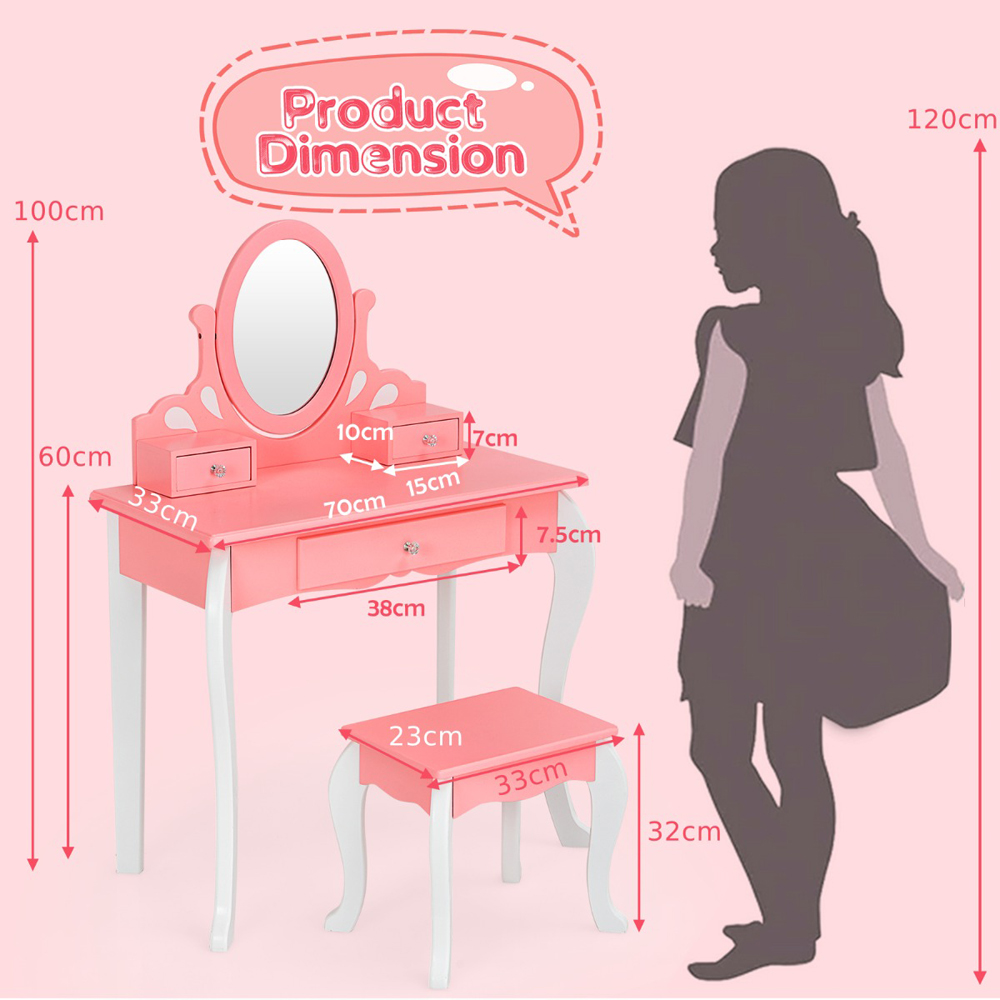 Costway Kids Pink Vanity Table and Chair Set with Rotatable Mirror Image 9
