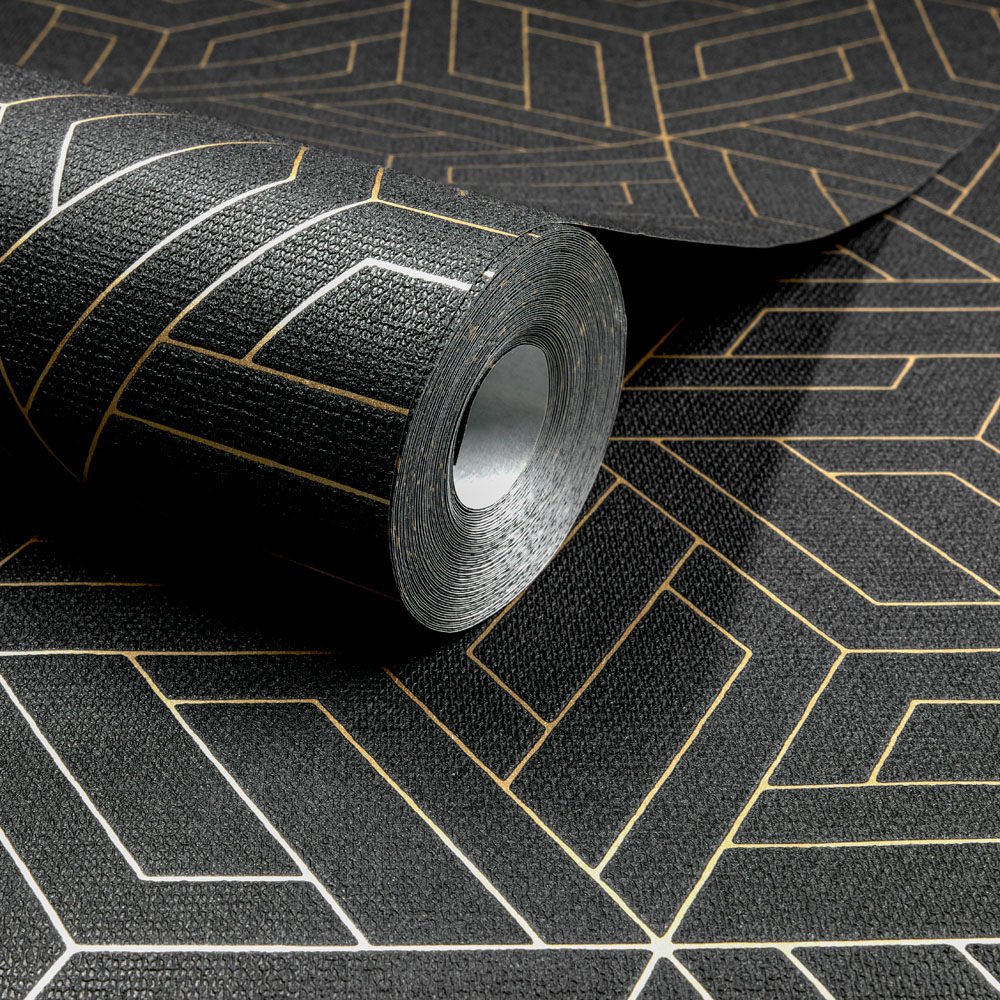 Grandeco Cobra Geometric Metallic Charcoal Black Vinyl Wallpaper Image 2