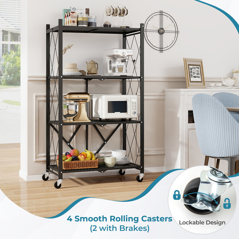 Costway 3 Shelf Black Metal Foldable Collapsible Storage Rack with Lockable Wheels Image 5