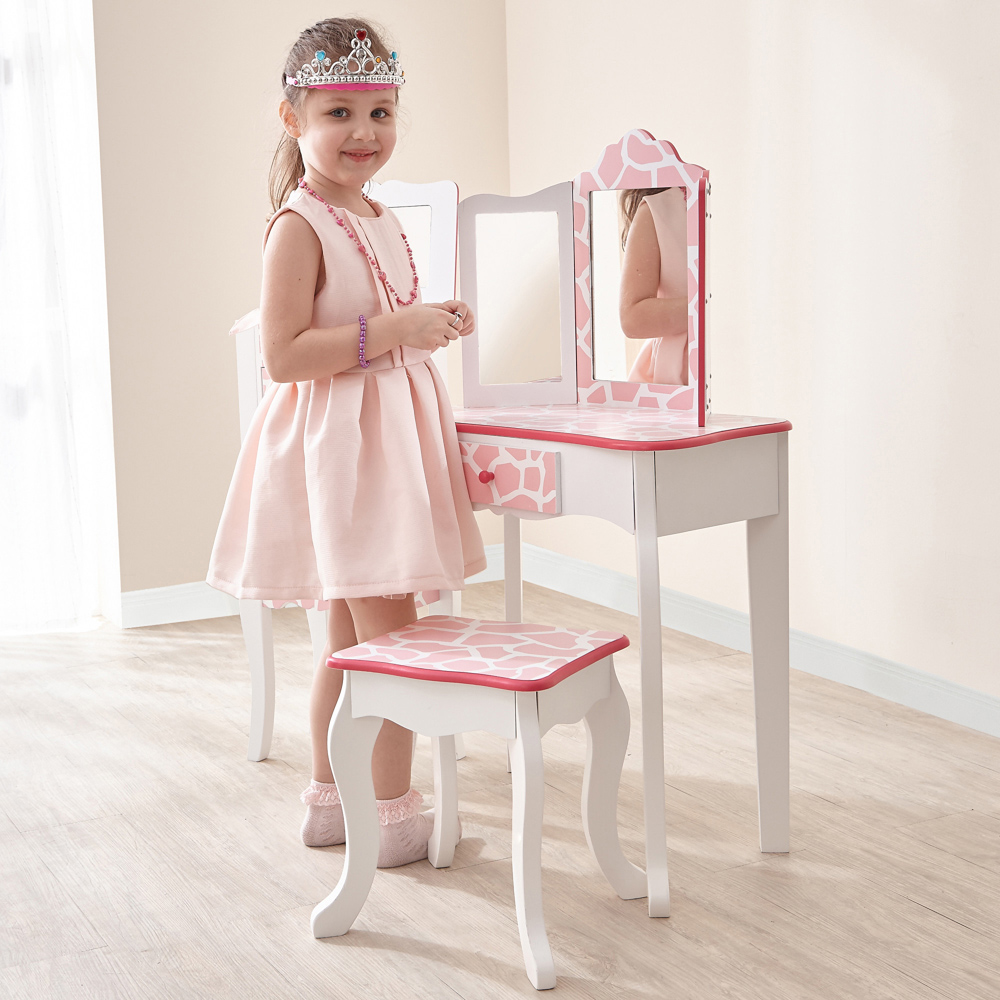 Teamson Kids Gisele Play Single Drawer Pink and White Giraffe Prints Toy Vanity Set Image 6