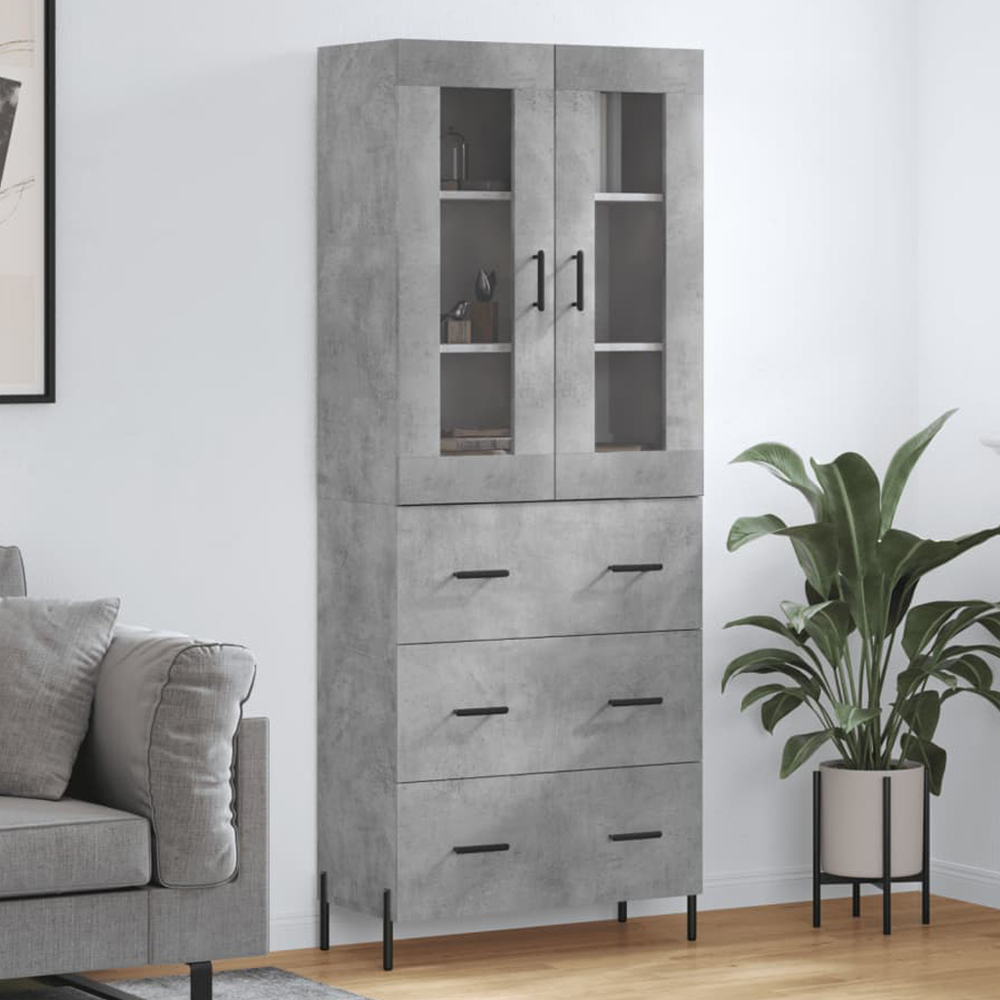 vidaXL 2 Glass Door 3 Drawer Concrete Grey Highboard Image 1