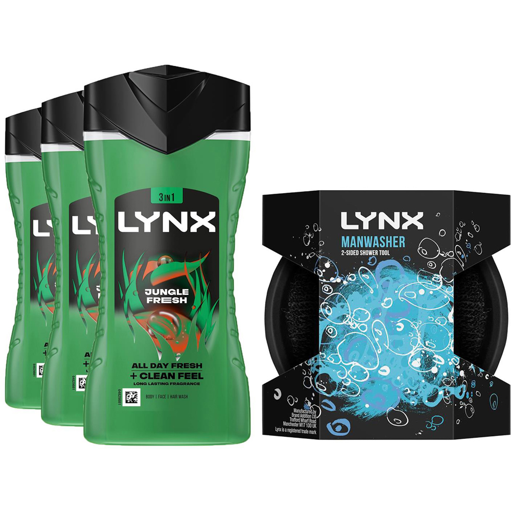 Lynx Jungle Fresh Shower Gel with Manwasher 2-Sided Shower Tool 225ml 3 Pack Image 1