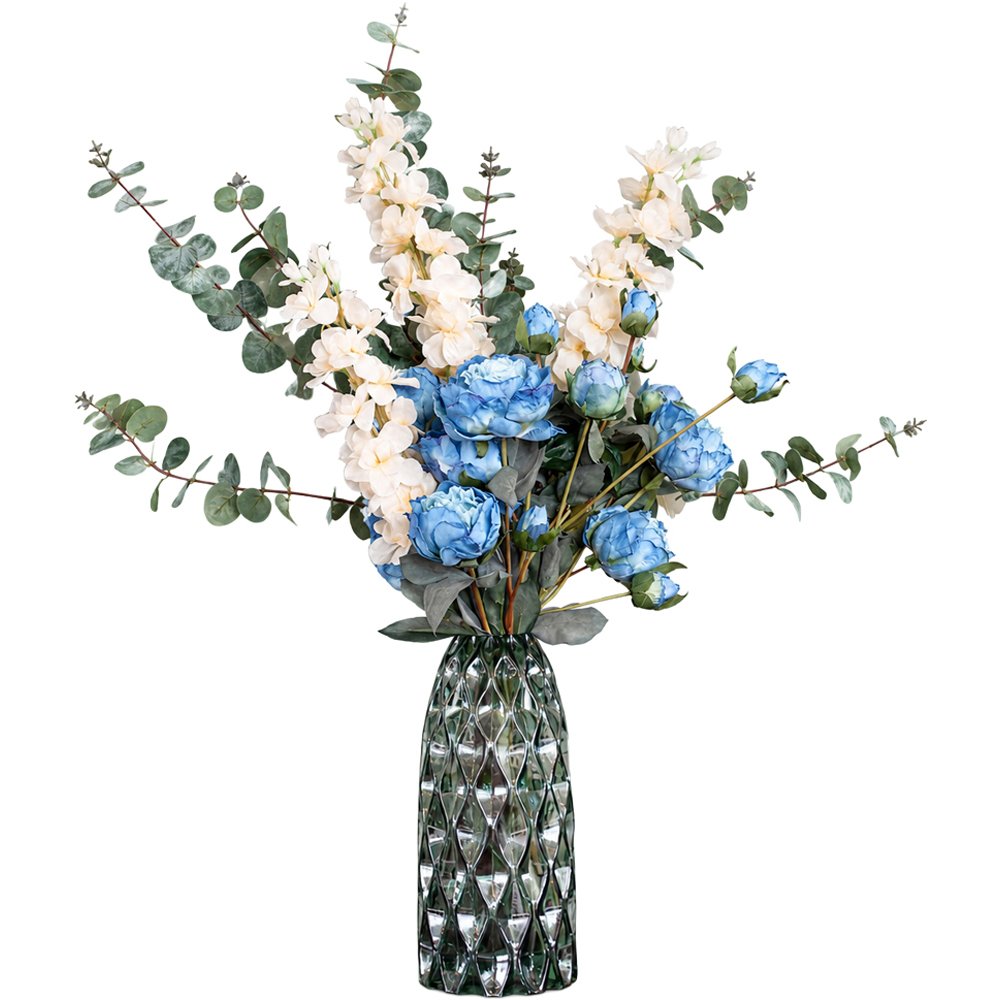 Leaf Blue Peony White Delphinium Eucalyptus Artificial Flower Bundle with Glass Vase 80cm 8 Pack Image 1