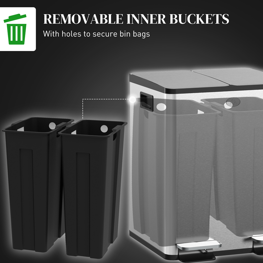 HOMCOM Silver Dual Compartment Pedal Kitchen Bin 40L Image 7
