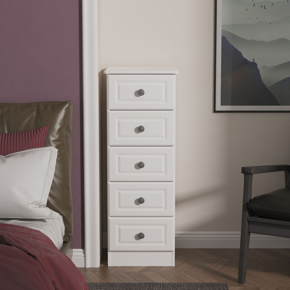 Crowndale Pembroke 5 Drawer Matt White Tall Bedside Cabinet Ready Assembled Image 2