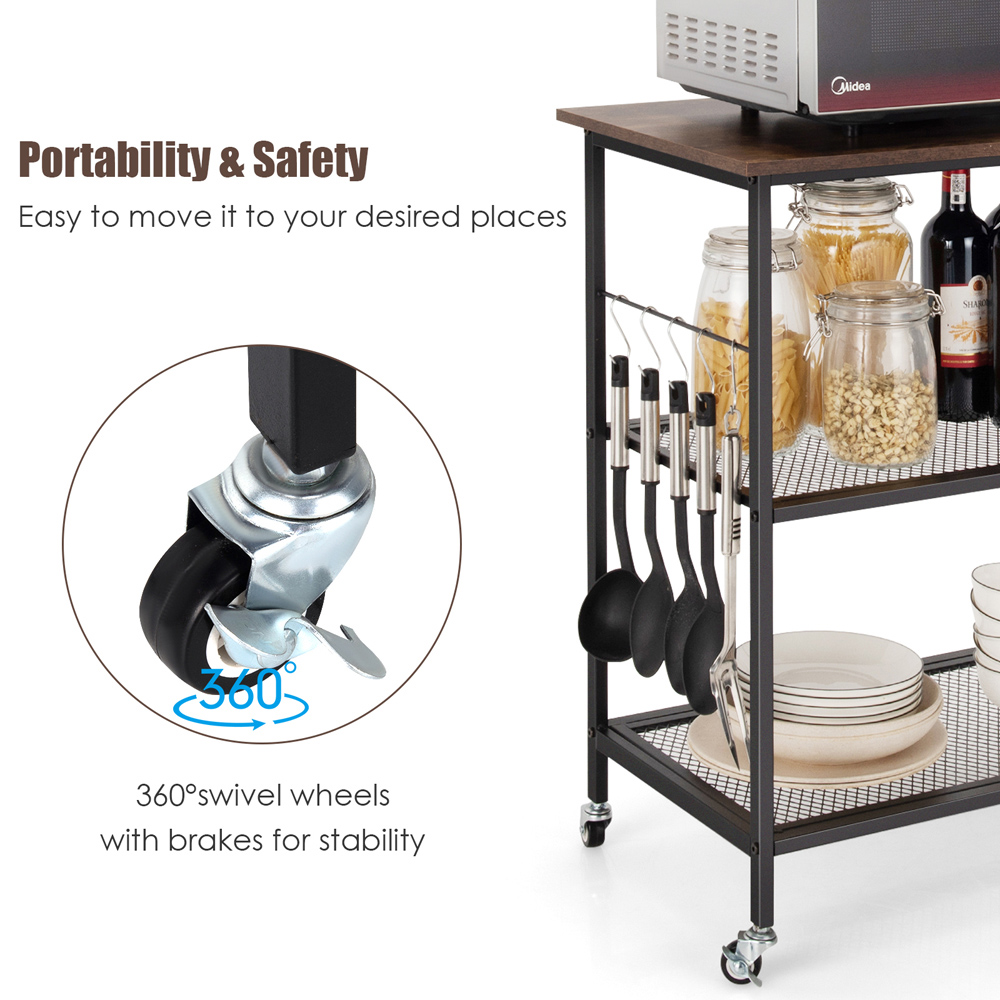 Costway 2 Shelf Coffee Kitchen Trolley with Hooks Image 6