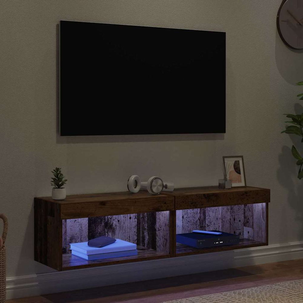 vidaXL Single Shelf Old Wood Wall Mounted Wide TV Cabinet with LED Light 2 Pack Image 5