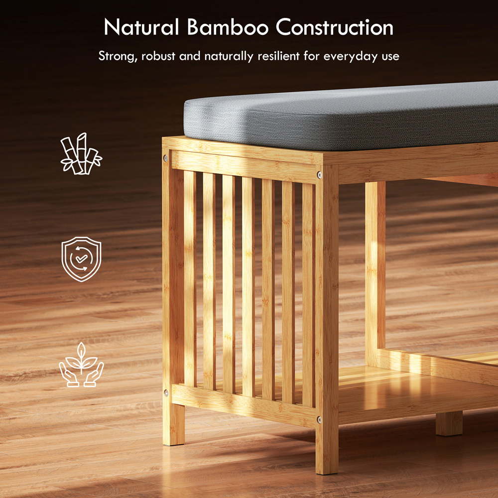 Portland Natural Wood Bamboo Shoe Storage Bench with Padded Seat Image 5