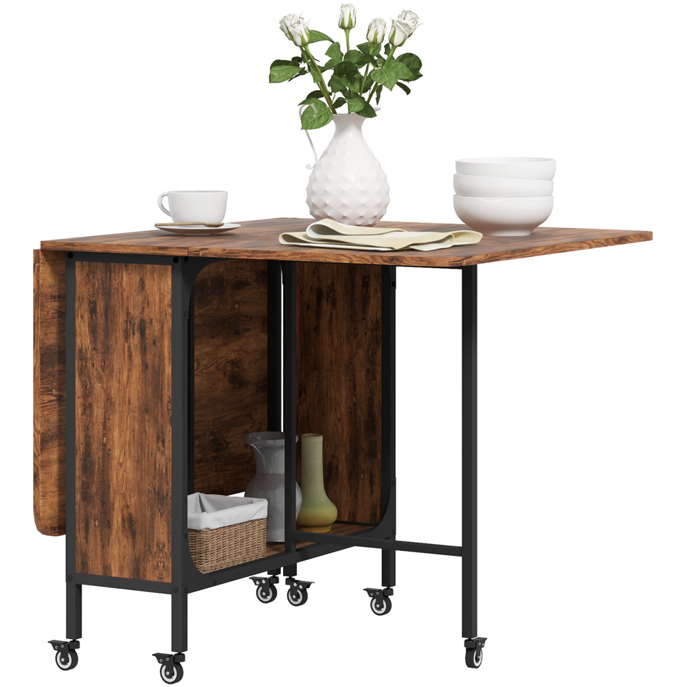 HOMCOM 6 Seater Rustic Brown Drop Leaf Mobile Dining Table Image 2
