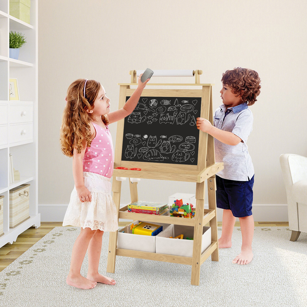 Costway Kids Natural Double Sided Art Easel with Paper Roll Image 2