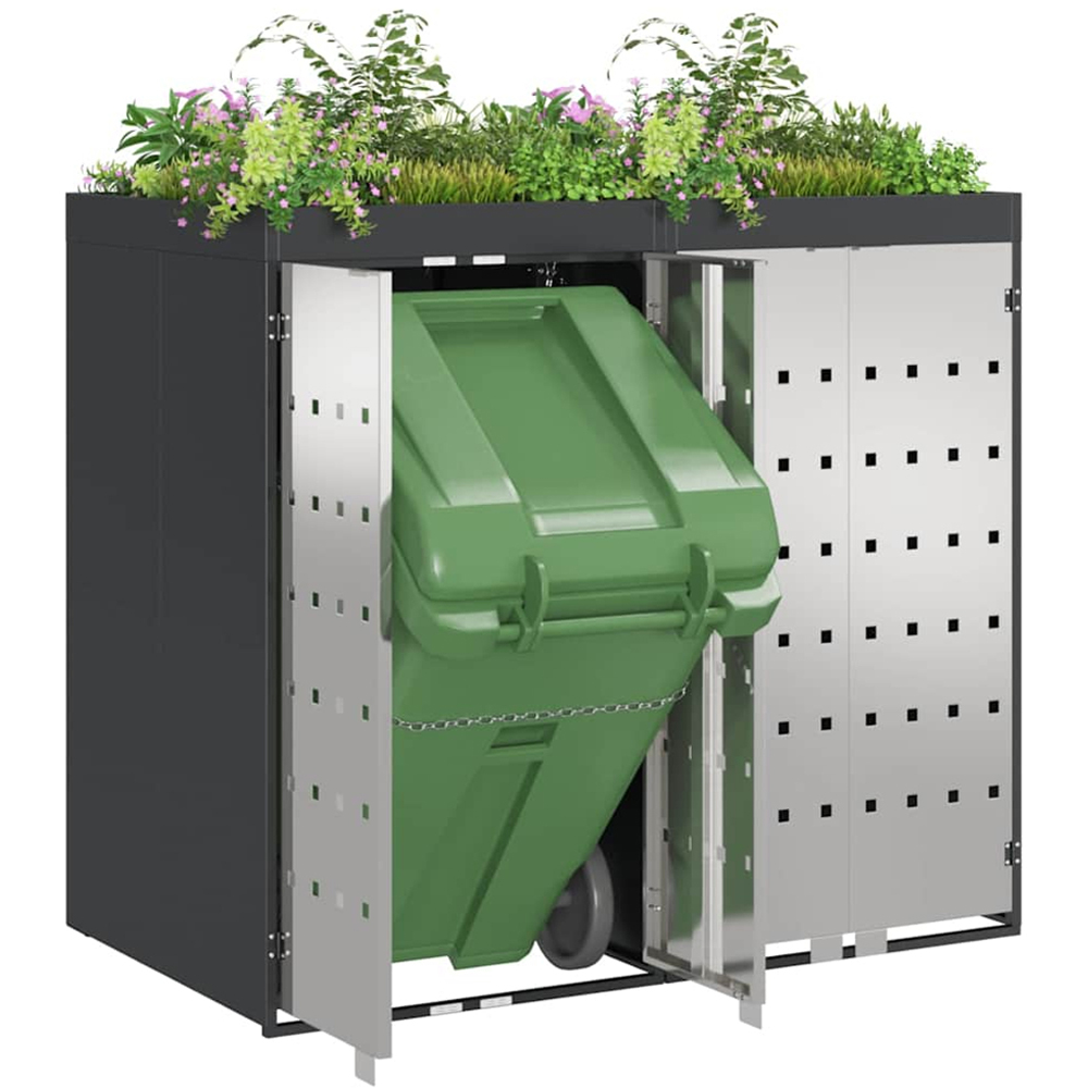 vidaXL Anthracite 2 Wheelie Bin Storage Shed with Stainless Steel Door and Planter Roof Image 3