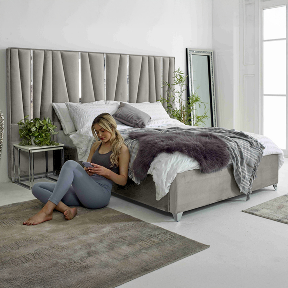 Eleganza Mila Double Silver Plush Velvet Bed Frame with Lined Headboard Image 1