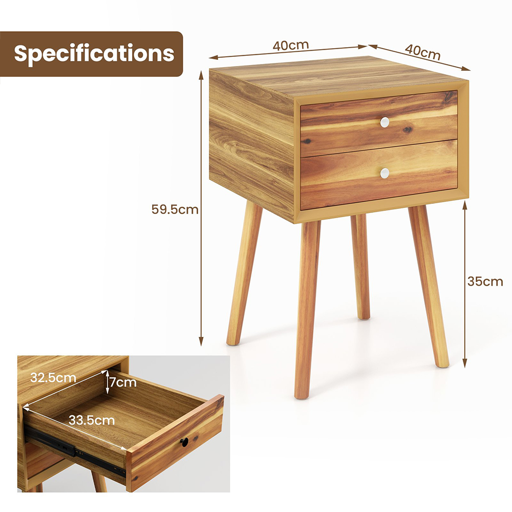 Costway 2 Drawer Natural Rubber Wood Legs Bedside Table Image 9