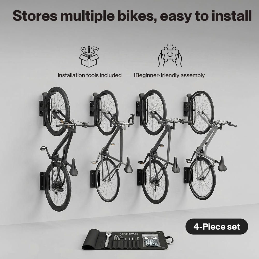 Monvelo Black Carbon Steel Vertical Wall Mounted Swivel Bike Rack 4 Piece Image 7