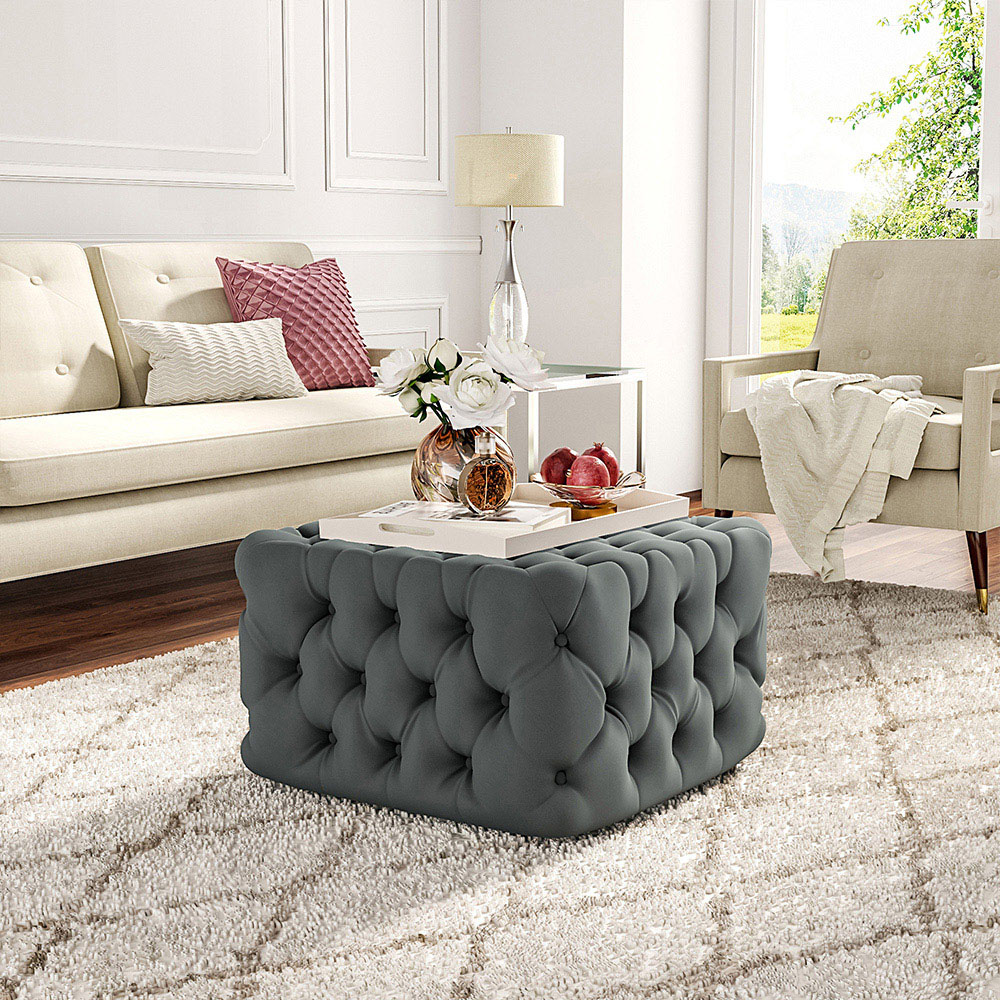 Living and Home Grey Velvet Buttoned Tufted Footstool Image 3