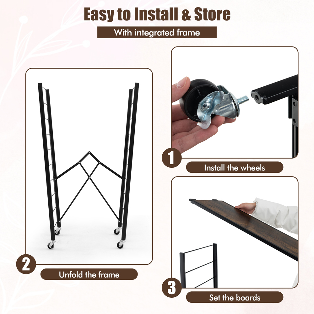 Costway 3 Shelf Black Metal Folding Wheeled Shelving Rack Image 8