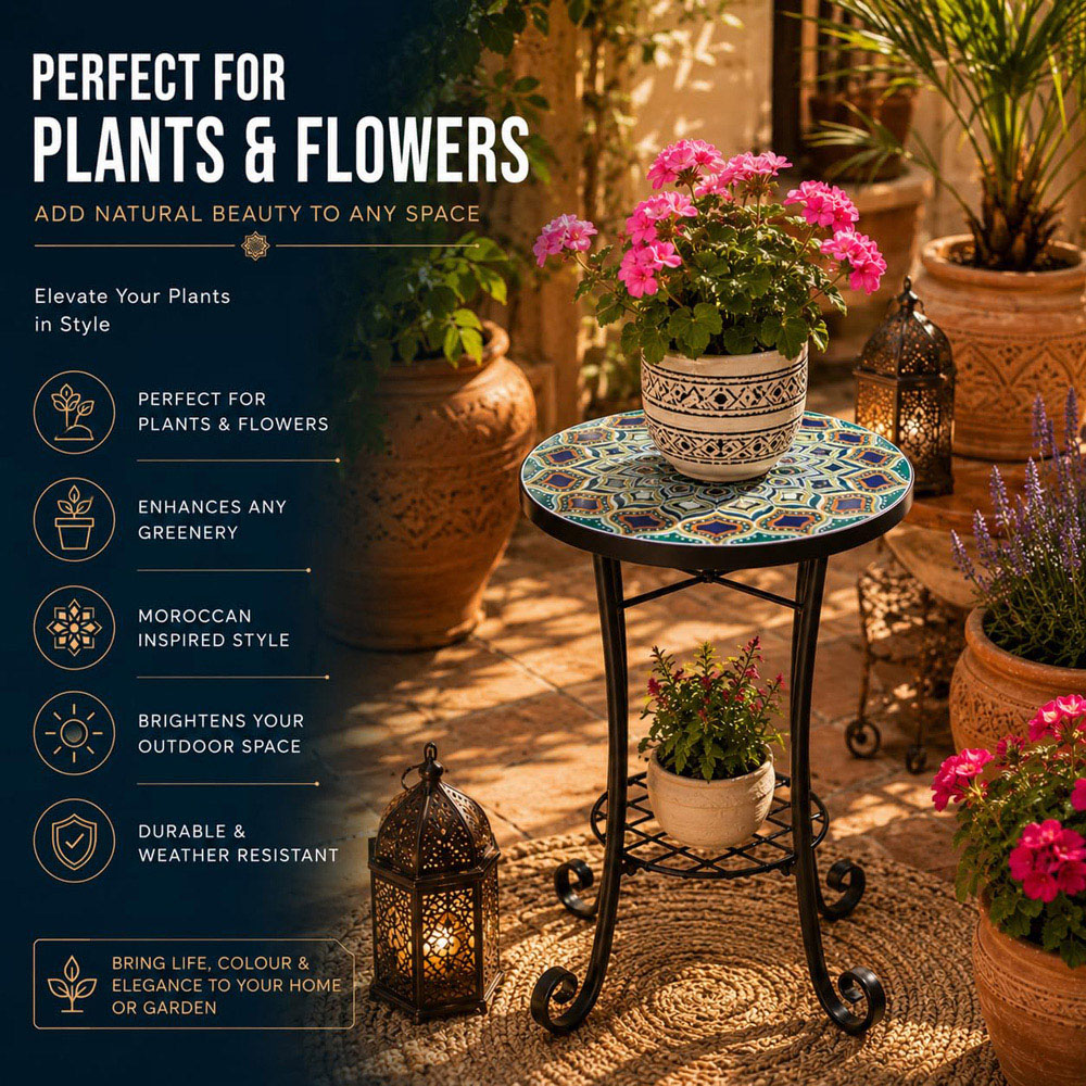 Shatchi Casablanca 2-in-1 Single Shelf Mosaic Ceramic Tile Top Plant Stand Side Table Image 4