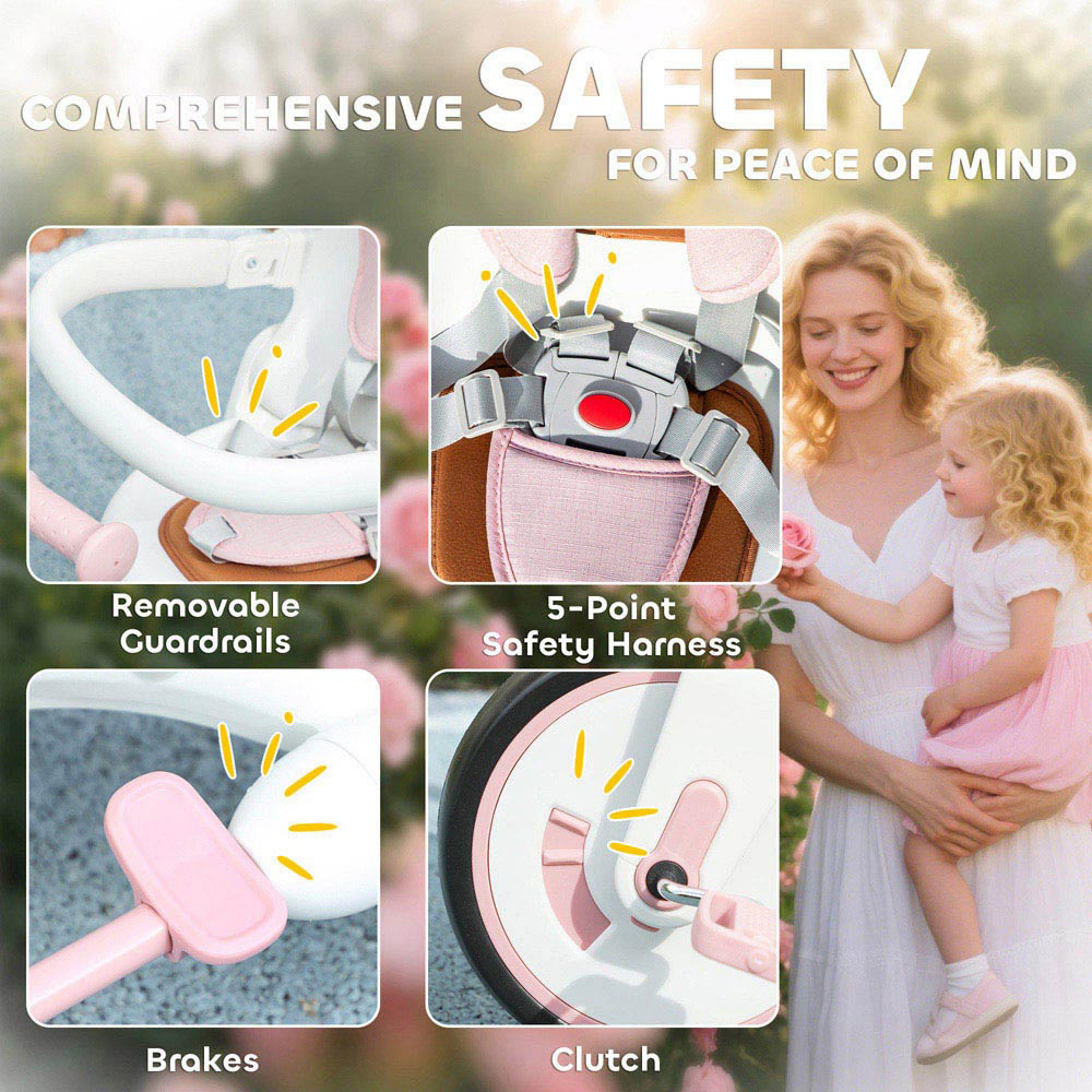 Tommy Toys 5-in-1 Toddler Pink 5 Point Harness Foldable Trike with Parent Handle Image 5