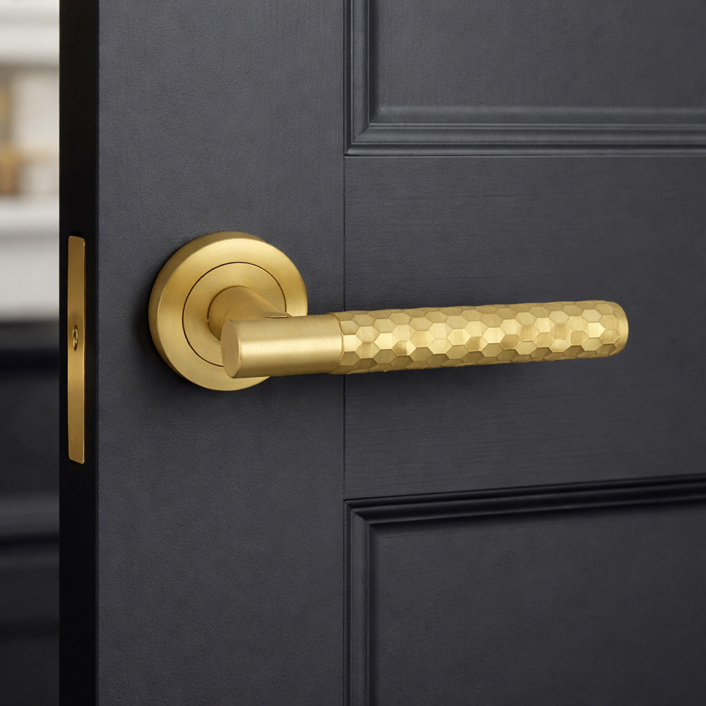 AXS Hardware Montana Satin Brass Knurled Bathroom Door Handles on Rose Image 2