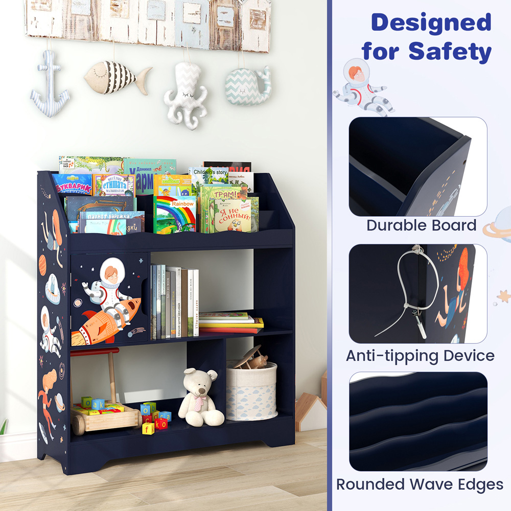 Costway Single Door 3 Shelf Kids Dark Blue Bookcase Image 8