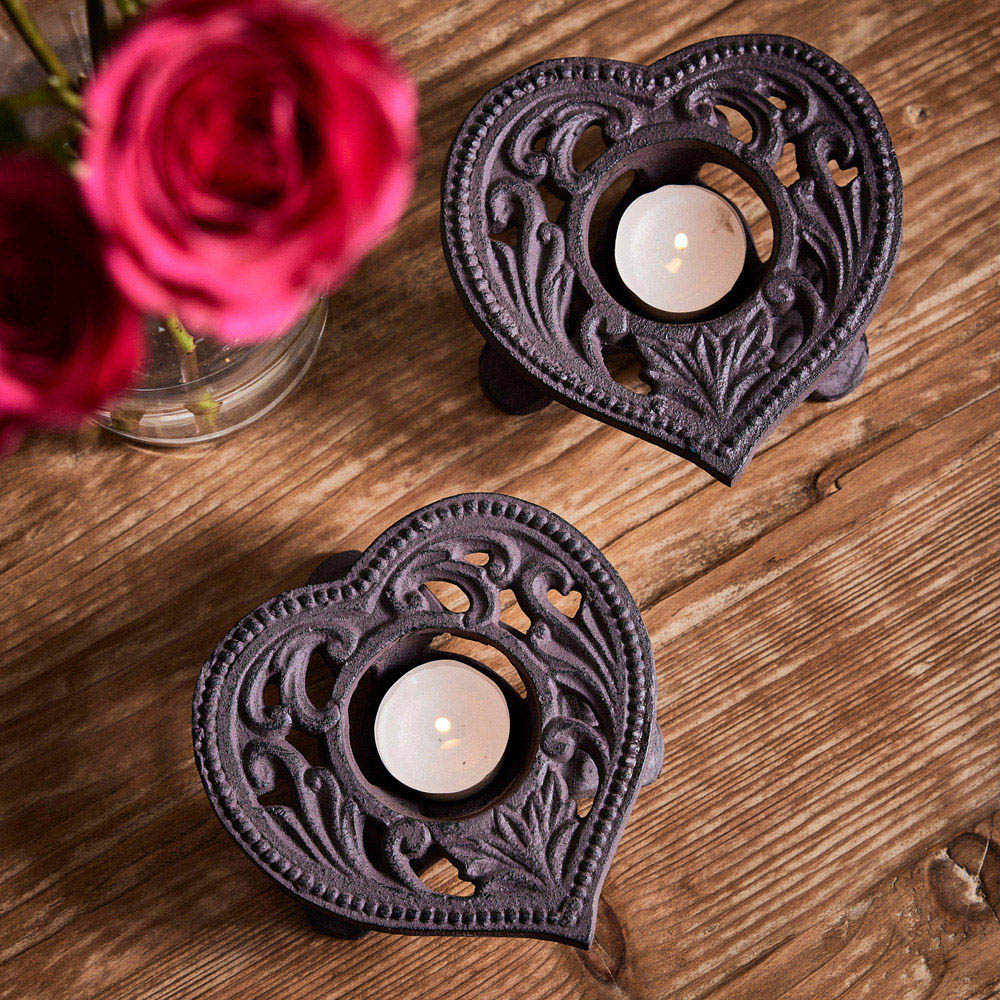 Dibor Antique Brown Cast Iron Heart Tealight Candle Holder 2 Pack Image 5