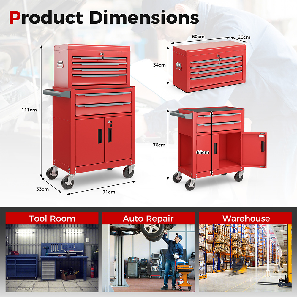 Costway 2 in 1 6 Drawer Red Rolling Tool Chest with Universal Wheels and Hooks Image 9