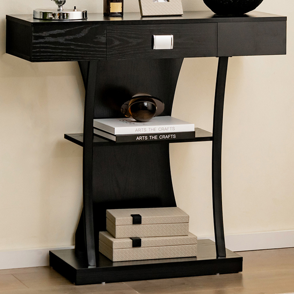 Costway Single Drawer 2 Shelf Black T Shaped Console Table Image 1