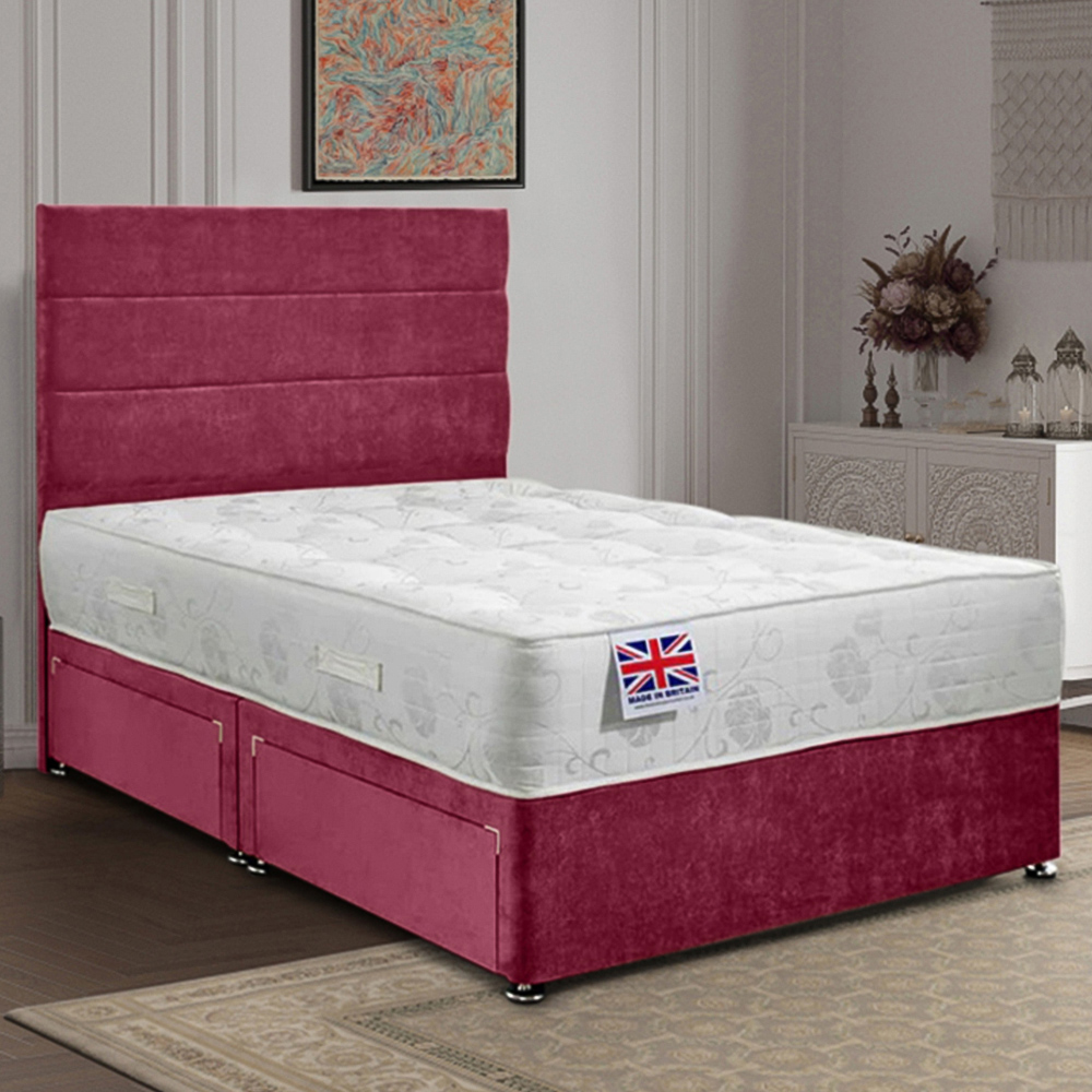 Eleganza Home Repose Small Double Maroon Plush Velvet 2 Drawer Divan Bed with Lined Headboard Image 1