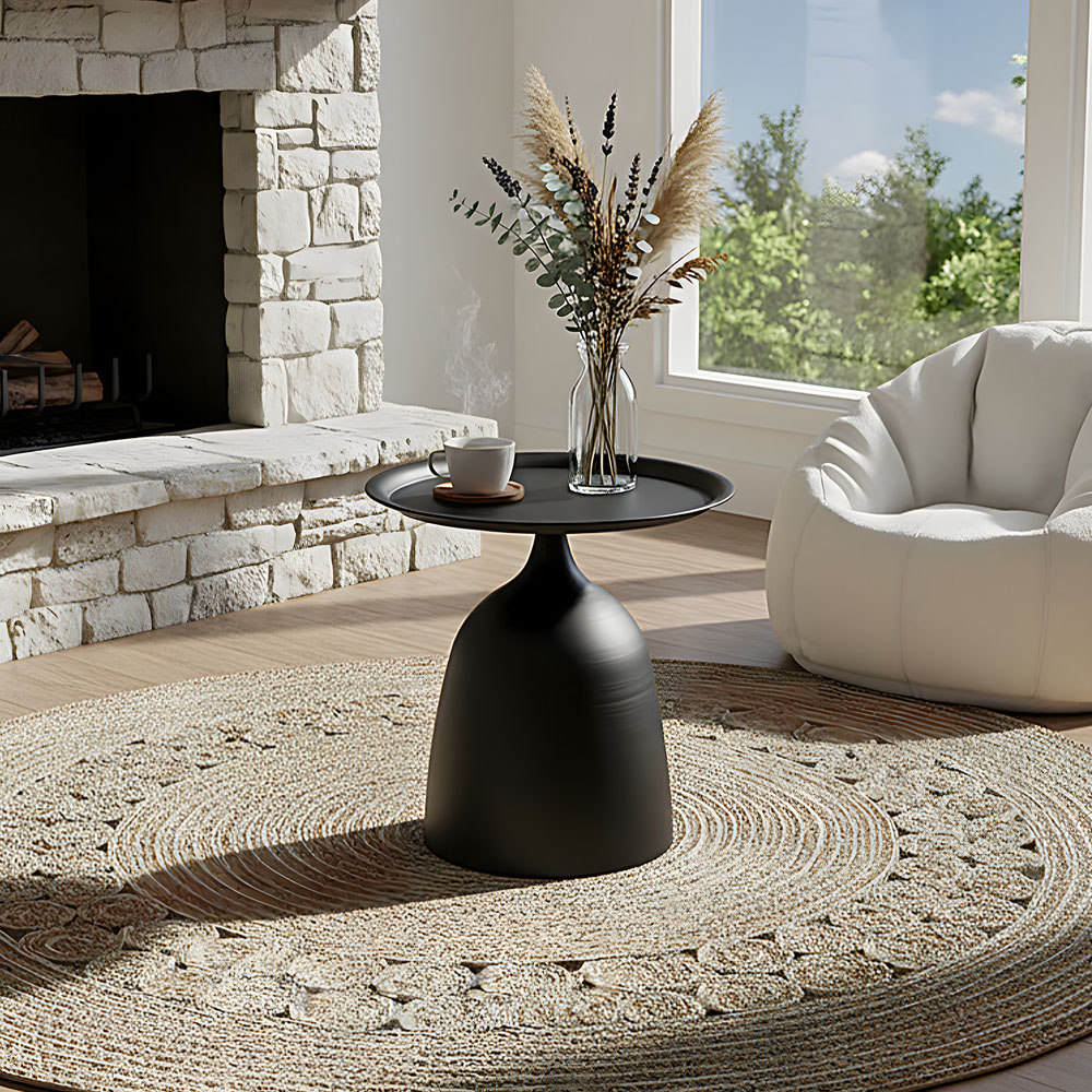 Living and Home Black Round Raised Edge Sculptural Base Side Table Image 7
