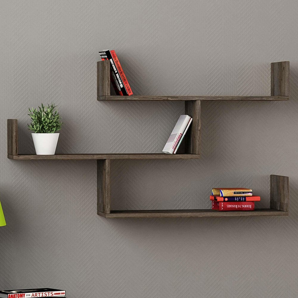 Decortie Tibet 3 Shelf Dark Coffee Modern Wall Mounted Bookcase Image 1