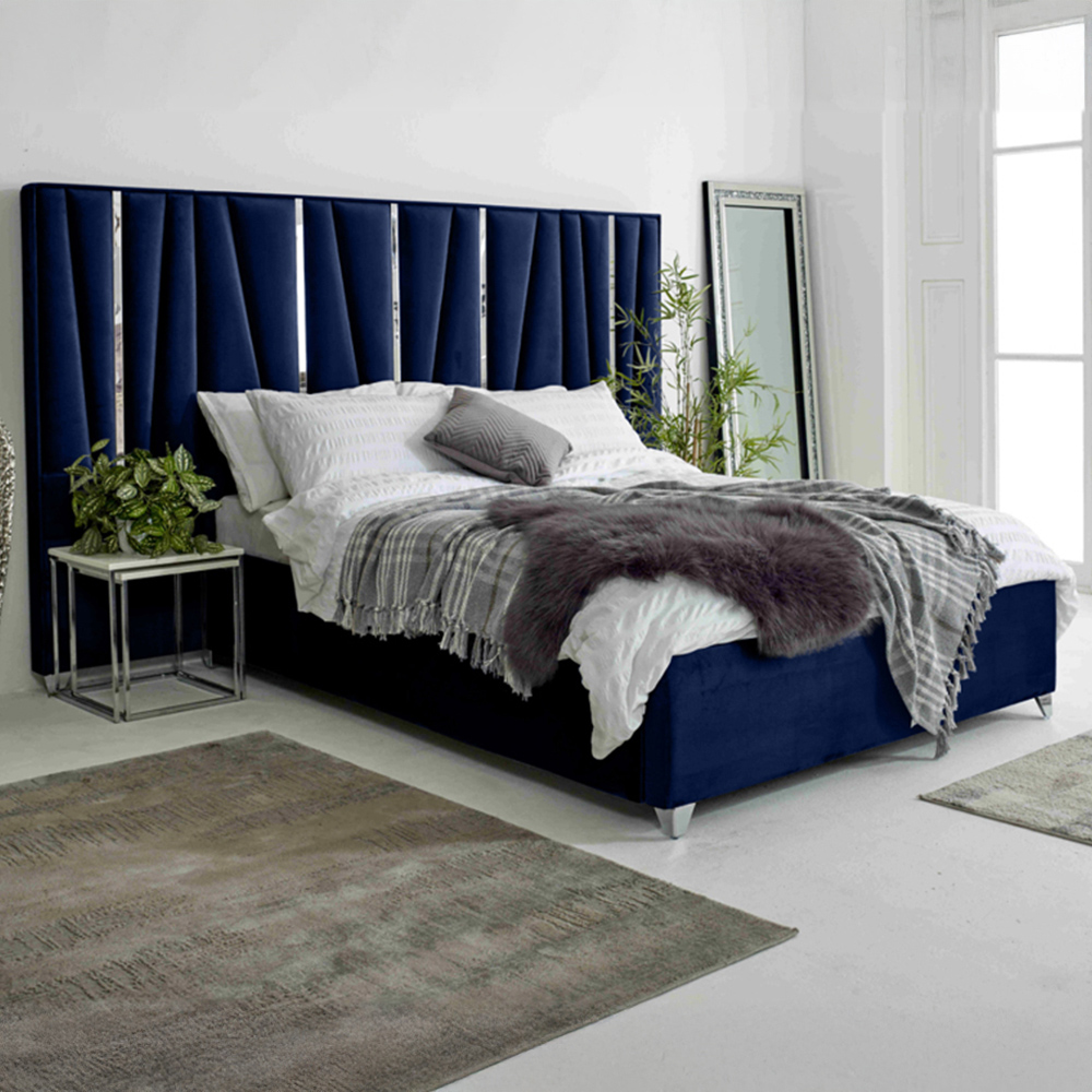 Eleganza Mila Small Double Blue Plush Velvet Bed Frame with Lined Headboard Image 1