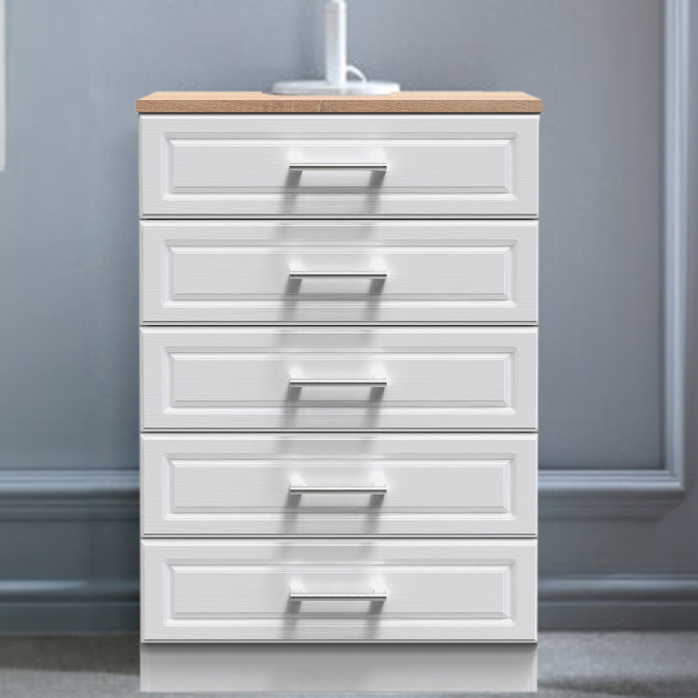 Crowndale Kent Ready Assembled 5 Drawer White Ash and Modern Oak Chest of Drawers Image 1