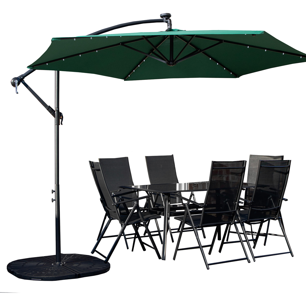 Samuel Alexander 6 Seater Glass Top Outdoor Dining Set with Green Banana Lit Parasol and Base Image 2