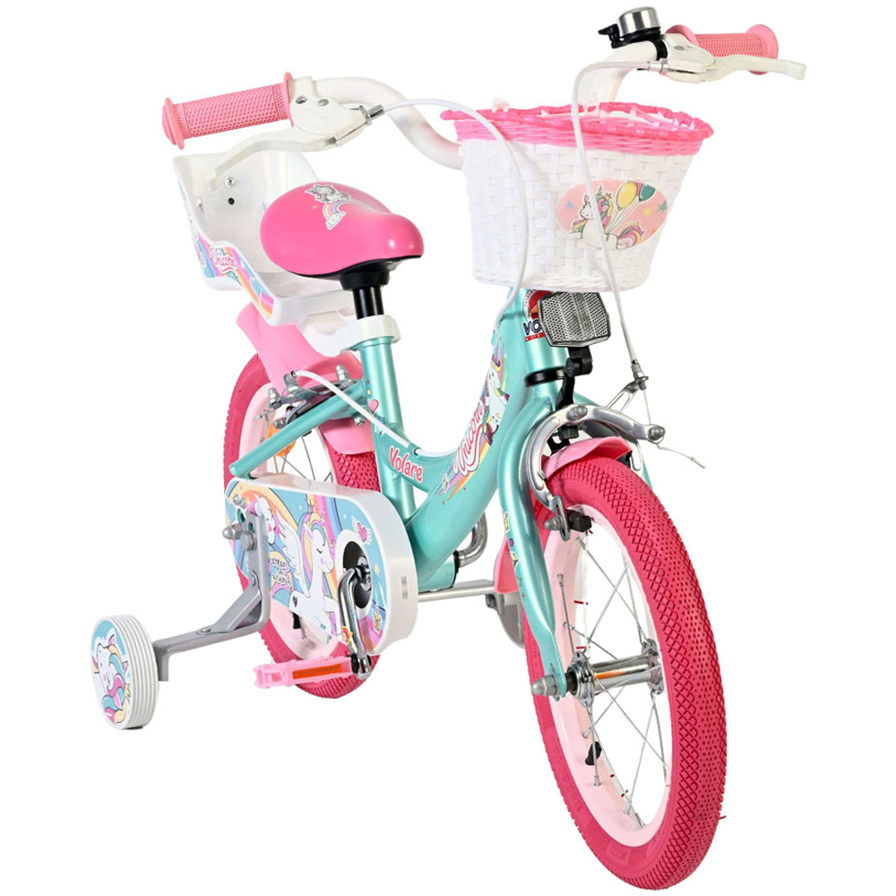 Volare Unicorn Kids 14 inch Green and Pink Bike with Stabilisers Doll Seat and Basket Image 2