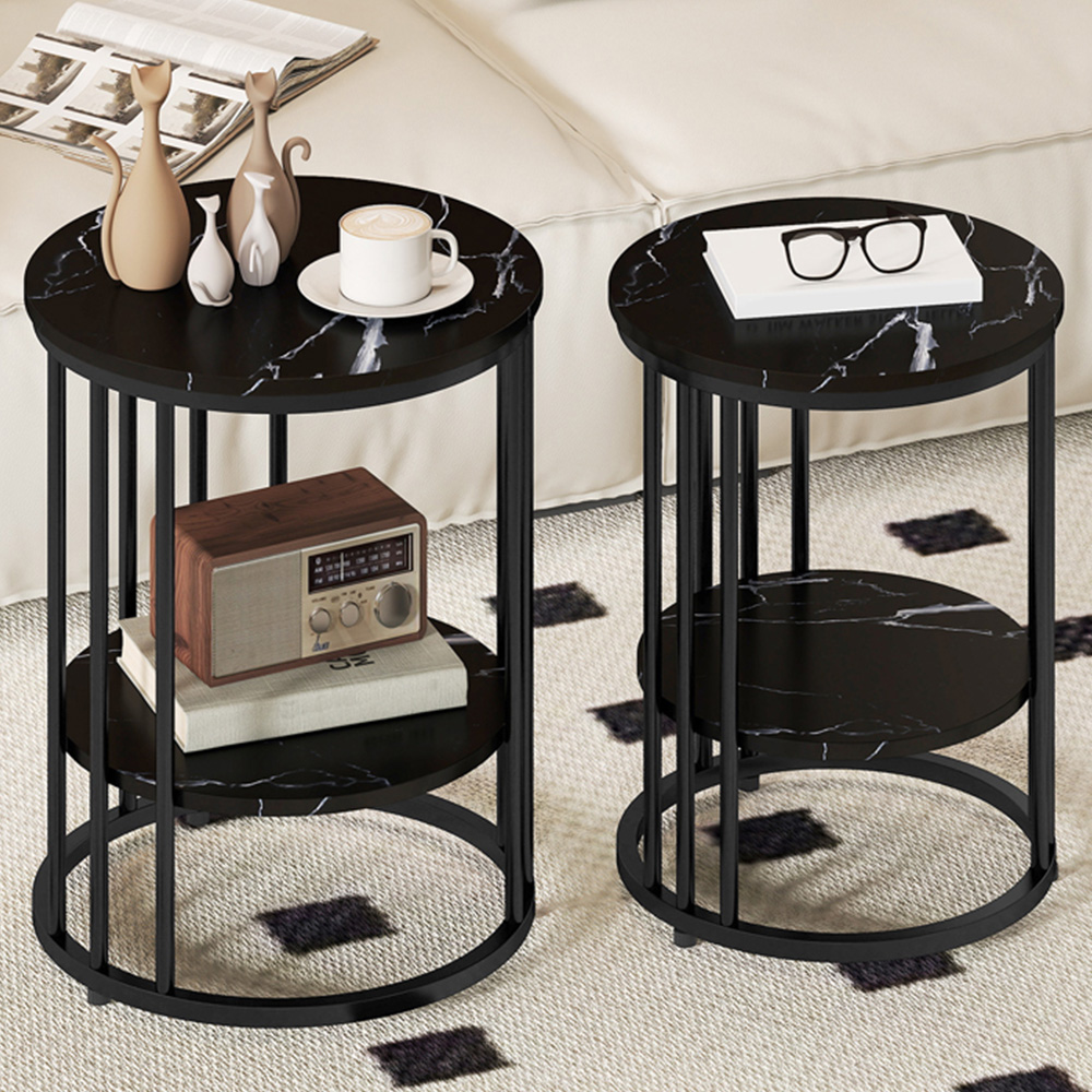 Portland Single Shelf Black Marble Effect Round Coffee Table Set of 2 Image 1