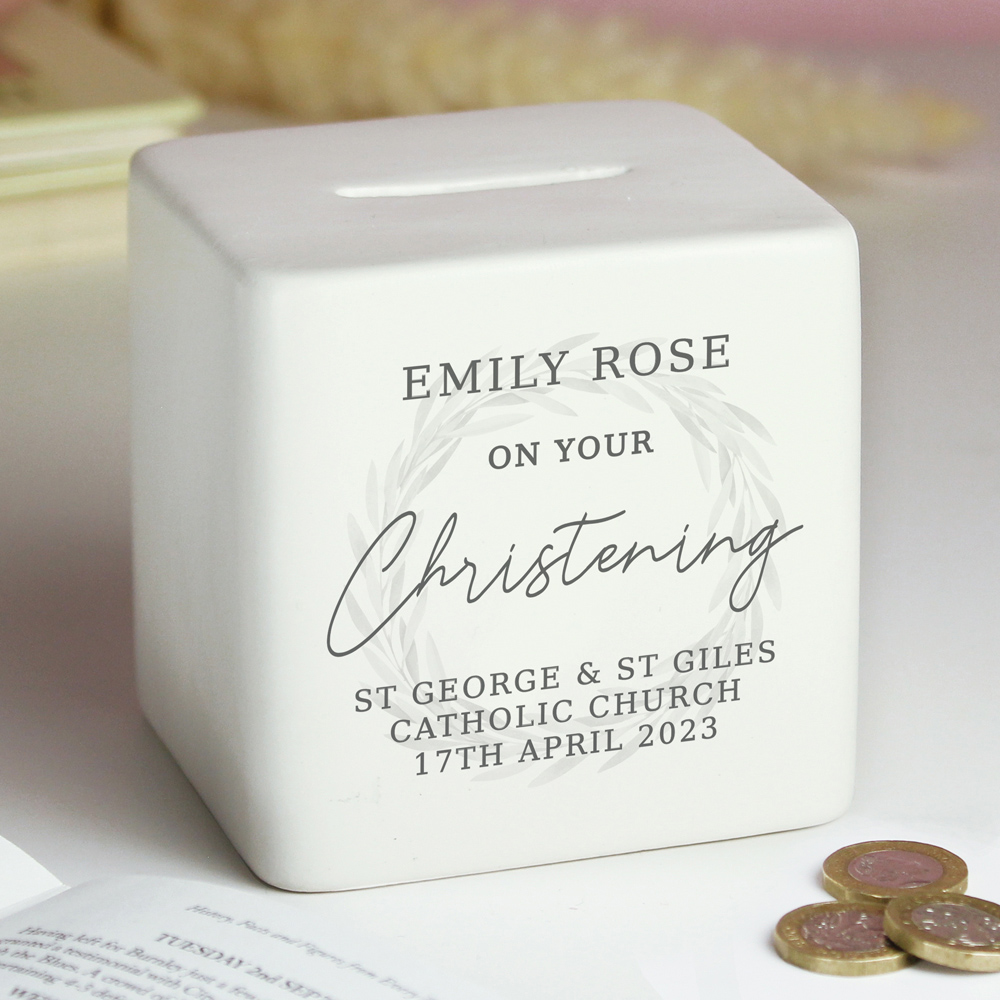 Personalised Memento Personalised Christening Ceramic Square Money Box Image 2