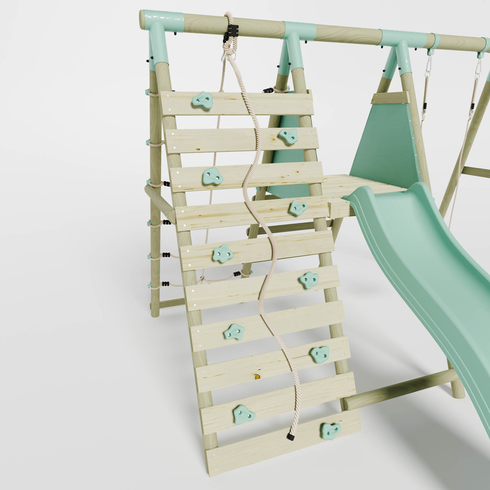 Mercia Wooden Round Pole Single Swing Set with Climbing Wall and Slide Image 6