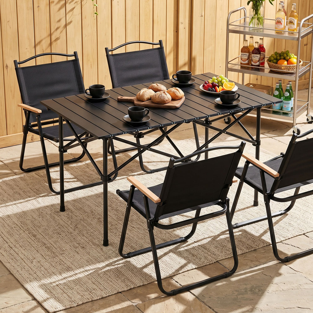 Living and Home 4 Seater 95cm Black Foldable Camping Table and Chair Set Image 2