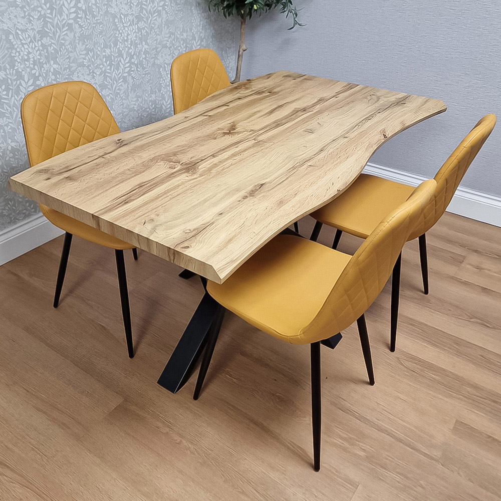Portland 4 Seater Gem Pattern Faux Leather Wooden Tabletop Dining Set Mustard Image 1